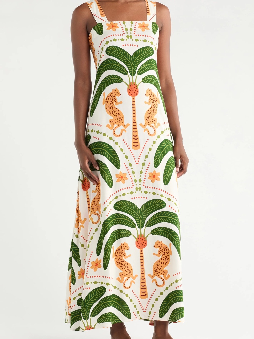 MSK White Maxi Dress with Green Palm & Orange Cheetah Print Size XL